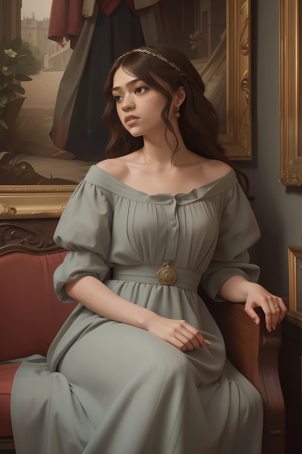 Year: 2023. Location: London. pre-raphaelite scene with Zendaya in a grey dress ((in the style of "OMITB")) ((cinematic style))