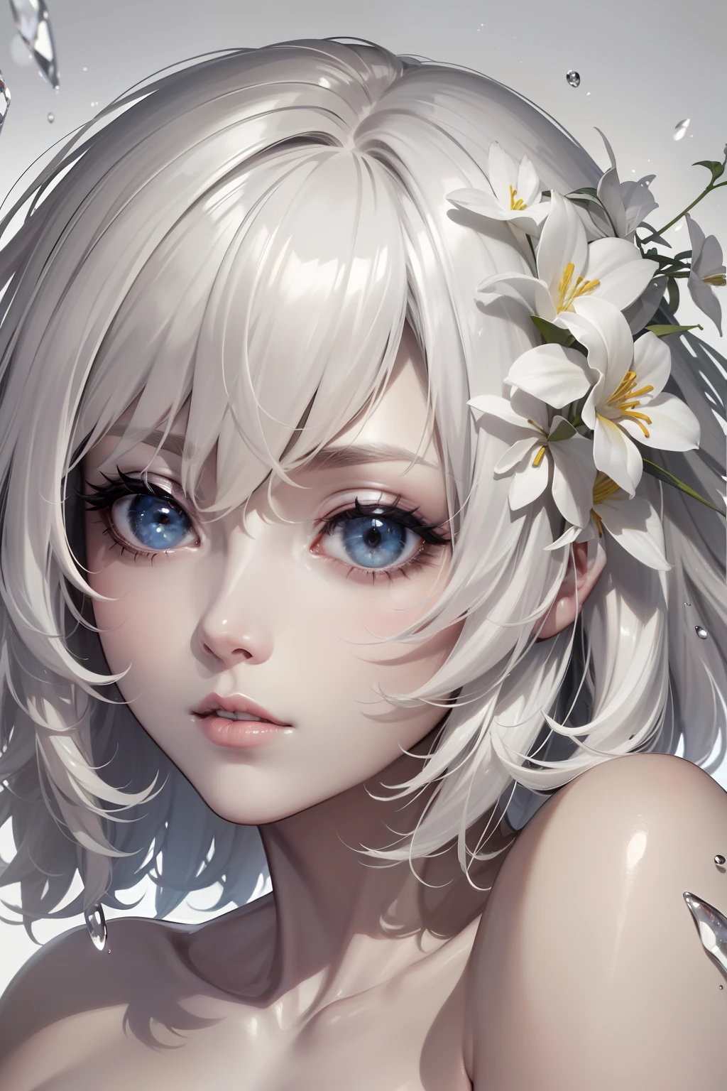 masterpiece、top-quality、hight resolution、High-quality images、8K.1womanl、Monochrome grayscale、skin gloss、Texture of skin and clothing、the detail、Detailed eye expression、Lustrous hair、full body Esbian、Platinum Blonde Shorthair、Supple body、Translucent cloth over nude、function、Perplexed