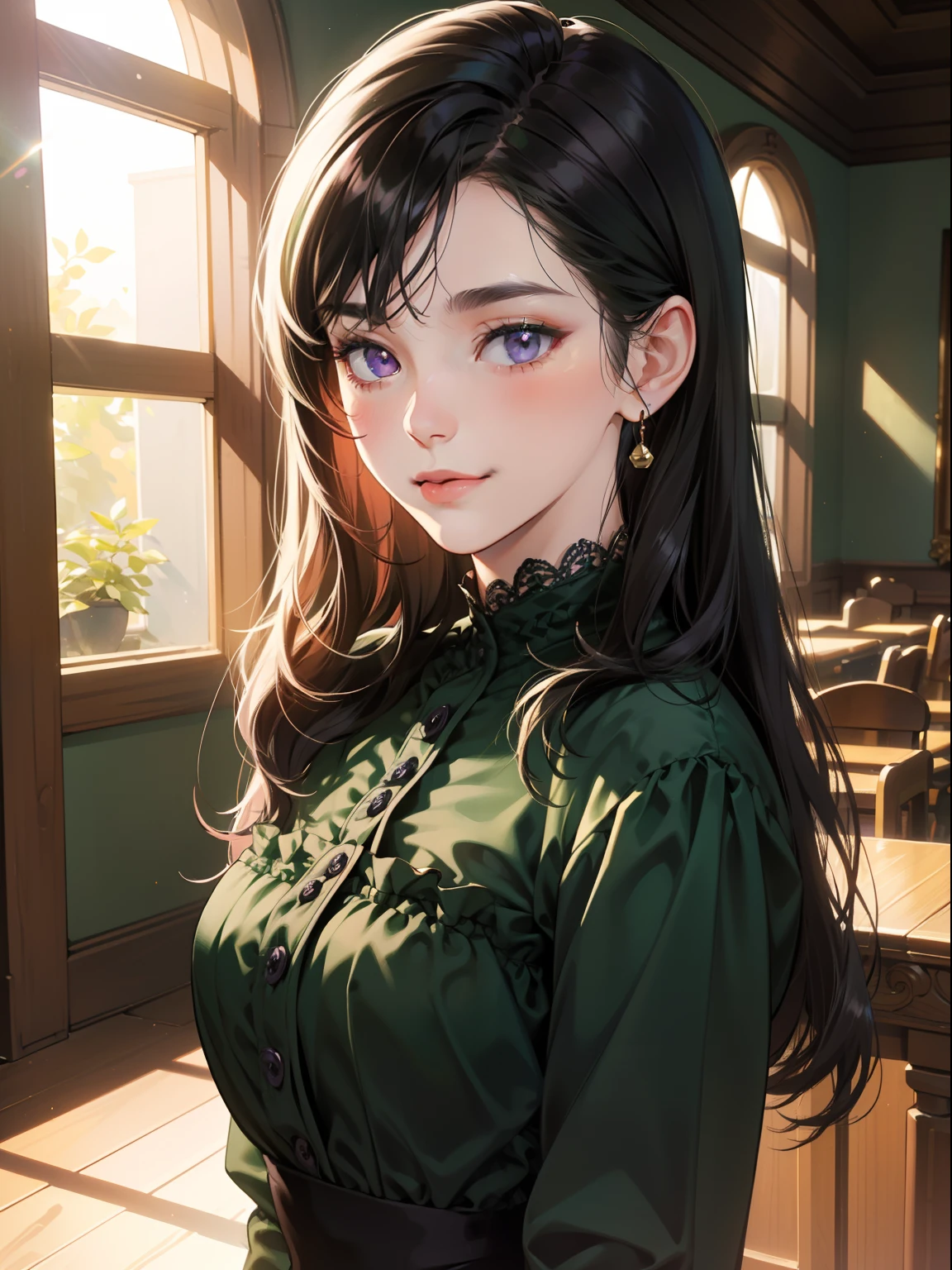 masterpiece, best quality, realistic, mature female, cute, 25 years old, closed mouth, portrait, extremely detailed face, soft smile, (dark purple eyes), ((long straight black hair)), ((front bangs hair)), [thin eyebrows], ((Victorian green dress)), no makeup, light smile, ear blush, light blush, full body