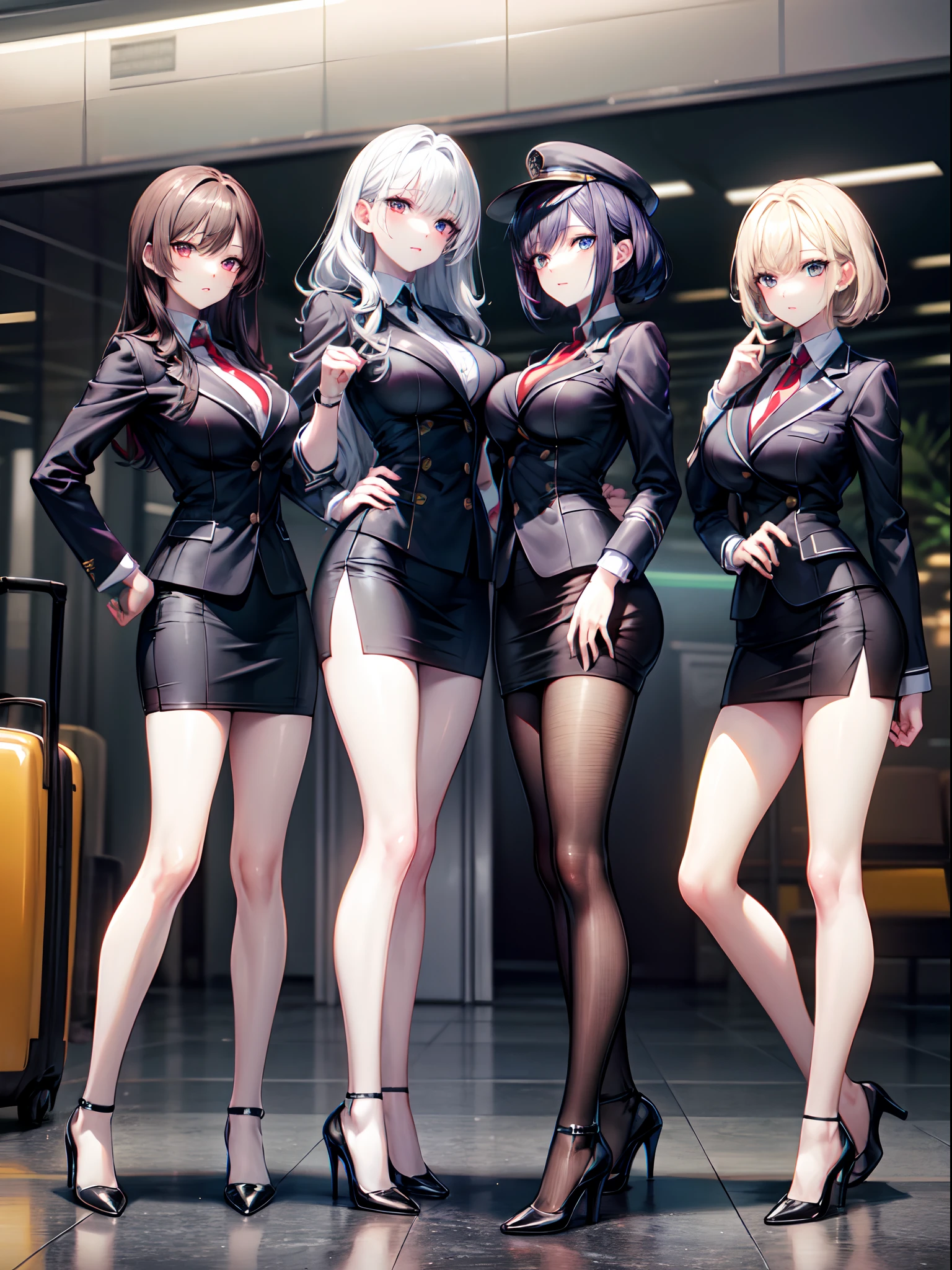 masterpiece, best quality, official art, extremely detailed, perfect hands, perfect eyes, 3girls, flight attendant, different uniforms, tight uniforms, high heels, airport