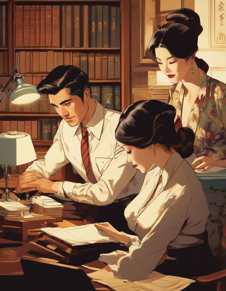 Abstract、Illustrative、Detective agency in modern Japan、Male detective sitting at desk、Two women around:1.5、((Face blur))