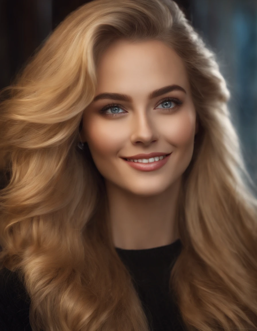 Masterpiece, absurdres,HDR ,highly detailed eyes and face,smiling, beautiful nod_woman, a woman with long blonde hair and a black sweater ,perfect nod_body,perfect nod_face,