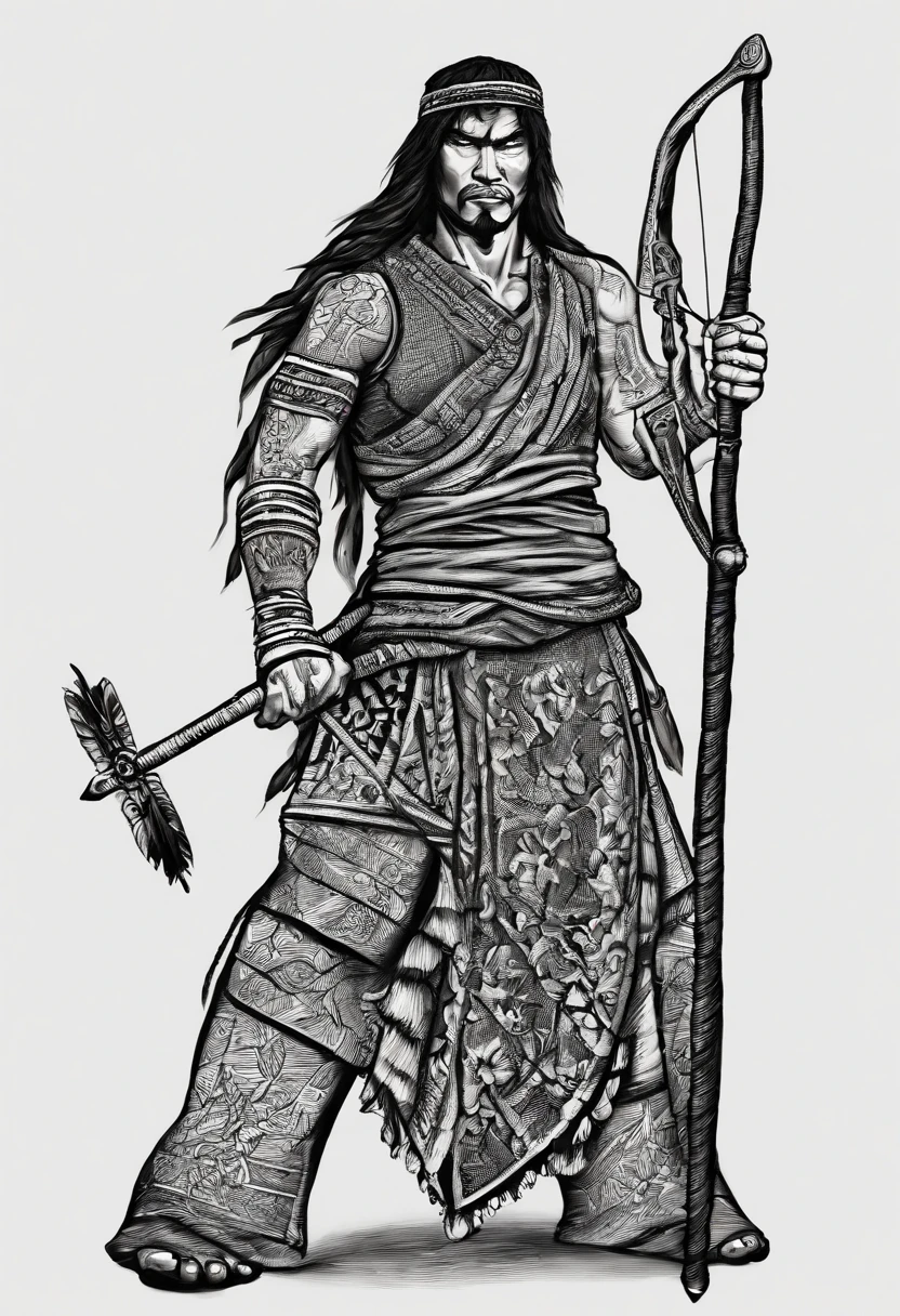 Ancient tribes,male people ,Youth,cabelos preto e longos,Oriental face,Bruce lee,Armed with a bow and arrow, Completely realistic,Full high resolution, Well made,detail-rich.