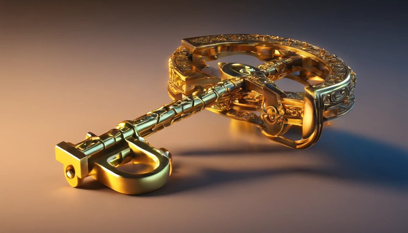 Create a surreal image in 8K resolution of a golden key suspended in the air, com raios de luz emanando dela.A chave deve ser detalhada em alta qualidade, com ornamentos complexos e um brilho intenso que captura todos os detalhes.O fundo da imagem deve ser escuro, with deep blue tones and fog elements to give a sense of mystery.Certifique-se de que a chave parece flutuar ethereally, como se estivesse pronta para revelar segredos sobre a felicidade.