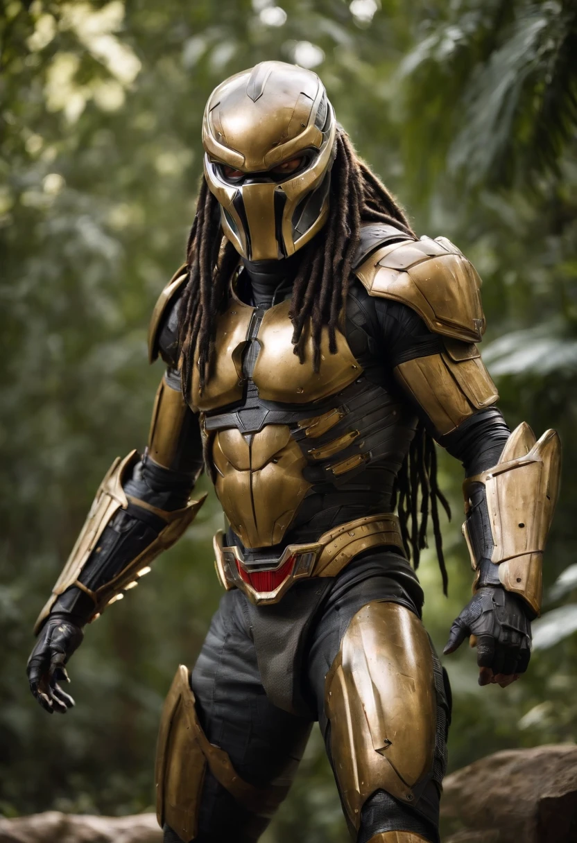 Predator,Whole body diagram,Golden armor,Authentic background