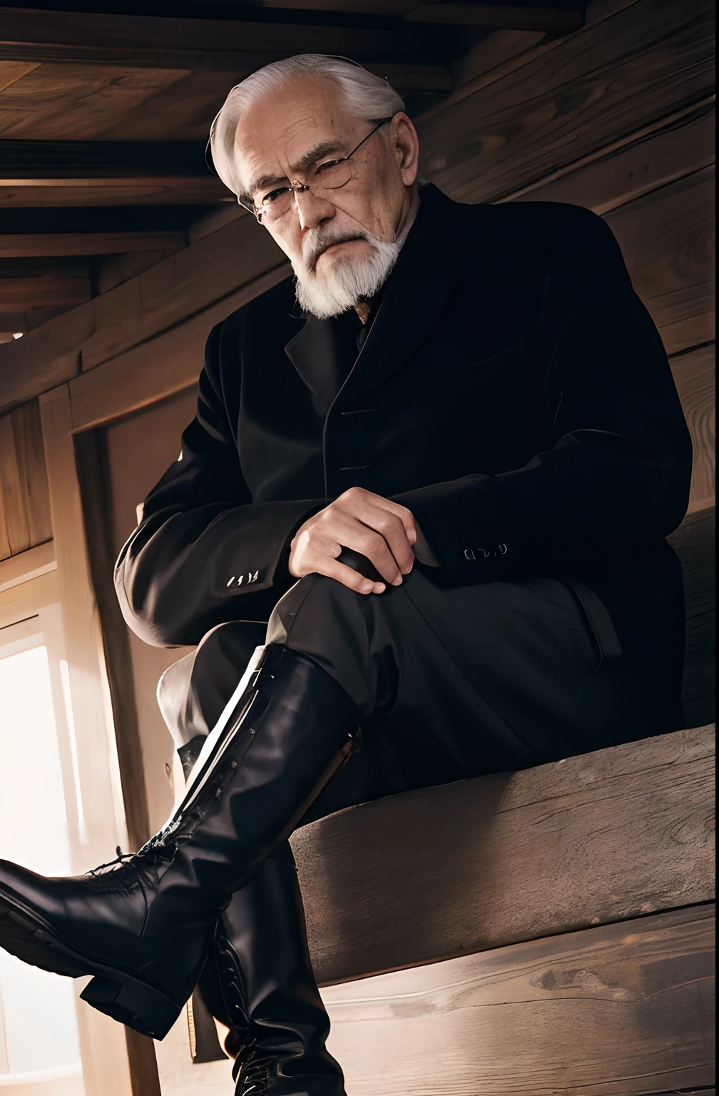 Old gentleman in black riding boots，with a goatee，The light source is in the upper left corner。