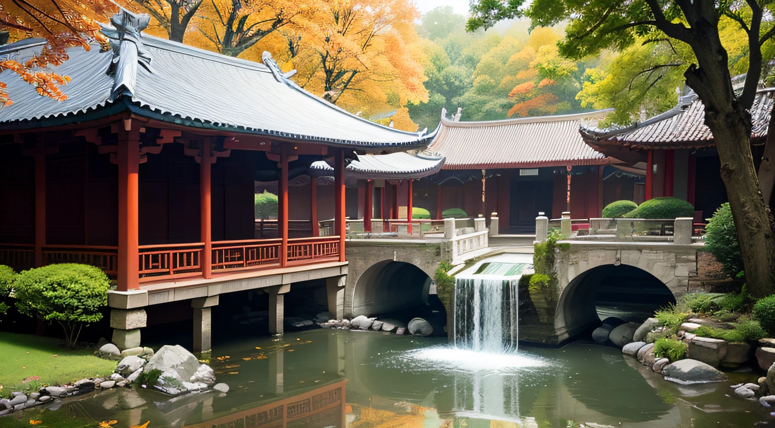 Small bridges and flowing water，courtyard，falling leaf，Chinese，pavilion，exquisitedetails，Cool background，photorealestic，a picture