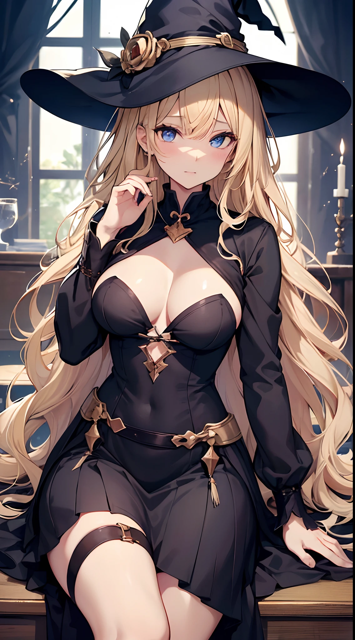 large full breasts, ((1 Beautiful Witch)), ((Blonde hair, long wavy hair with bangs,,)) (((Witch 1 person, Soio))) )) ((20yr old)) blue eyes, Have a very sexy body, Full chest and narrow waist, And a very sexy body, Medieval dress european ruffle dress elegant long sleeve blouse is slightly open at the chest, Delicate fabric neckline, Has a bold look, thick and dense makeup. 年轻, qulity, Realistic, fantastic quality, Poses, ((((face perfect)))) Gentle expression, Soft lips, Calm expression, House of Scary Witch Sitting On Old Torn Sofa, Magic, magia, Boiling cauldron, Spell recitation, spell book, Bookcase full of cobwebs, Beautiful and perfect legs, Clean and perfect hands