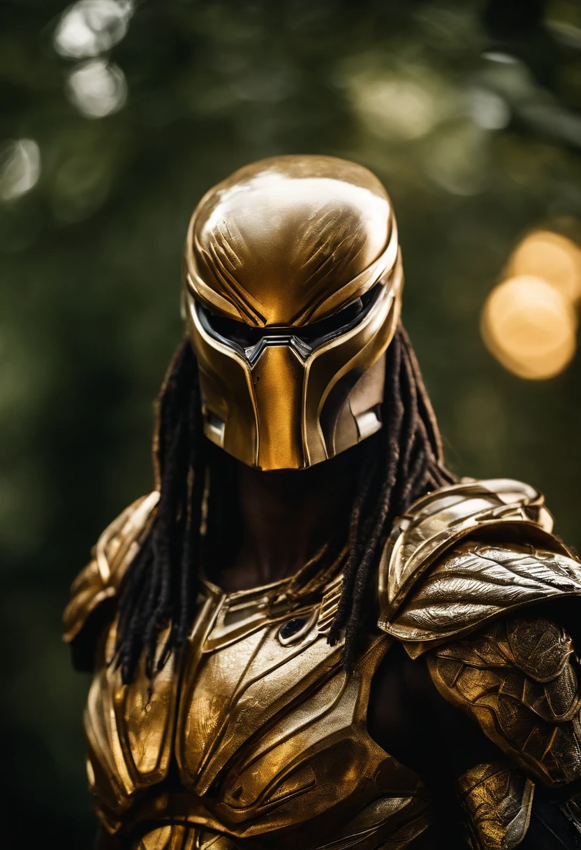 Predator，Whole body diagram，Golden armor，Authentic background