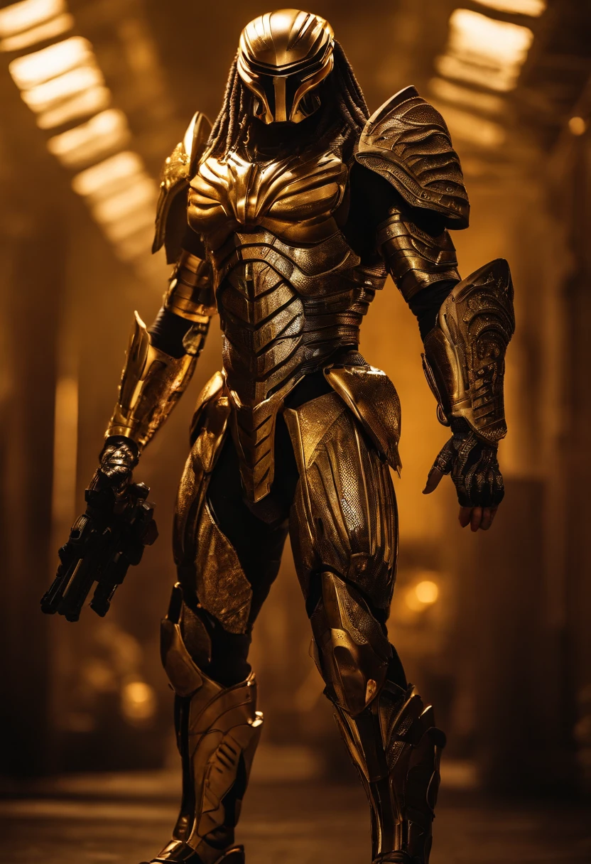 Predator,Whole body diagram,Golden armor,Authentic background