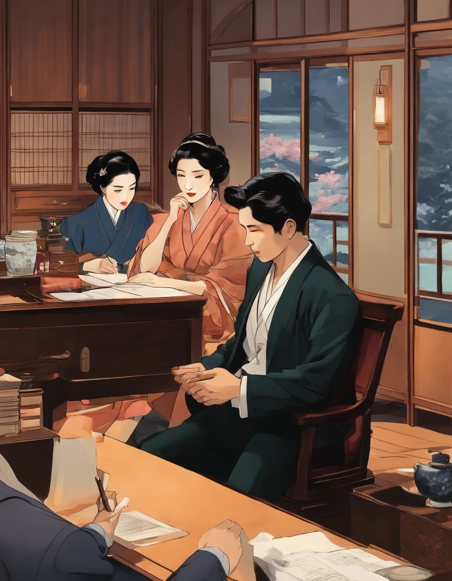 Abstract、(Illustrative)、Detective agency in modern Japan、Japan man sitting at desk、Two beautiful Japan women around:1.5、((Face blur))