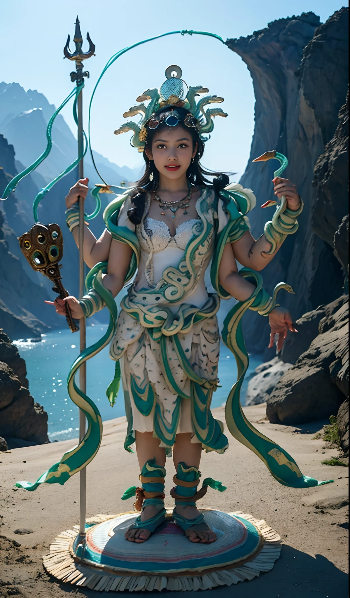 1girll，10 years old child，Stand in a valley full of flowers，（（（Green skin））），Gem Necklace，Exquisite headdress，Long hair hanging down the shoulders，There are six snakes on top of their heads，Snake in hand，The body is decorated with snakes，Four arms，A snake wrapped around his wrist，The ankles are wrapped around the snake，（The union of man and black snake），Solo, The waist is（（deerskin））, The upper body is covered（deerskin,） Holding a fan made of peacock essence in his hand， Trident weapons, Streamers，shaded_face, Pretty big breasts，Head background with round light，Alpine snow-capped mountains in the distance，Bright blue sky，Sunny picture，offcial art, (Extremely detailed Cg Unity 8K wallpaper), (Photorealistic:1.4), (Masterpiece), (Best quality:1.2)，Light and shadow tracking，Super HD