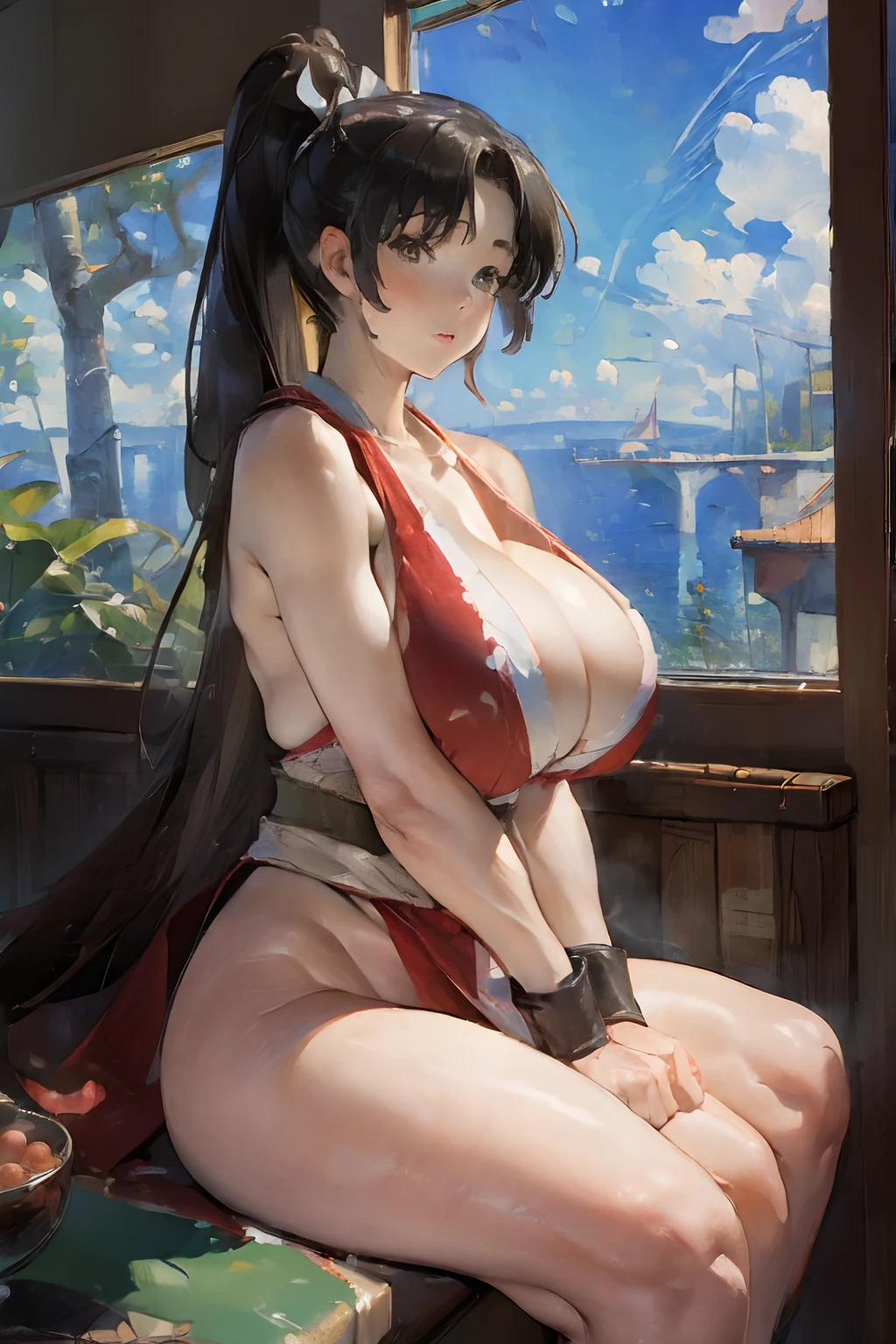 ((big_natural_breasts:1.5)),mai shiranui, Girl, sitting beside a large window, inside a submarine, underwater scene, whales,((post impressionism))