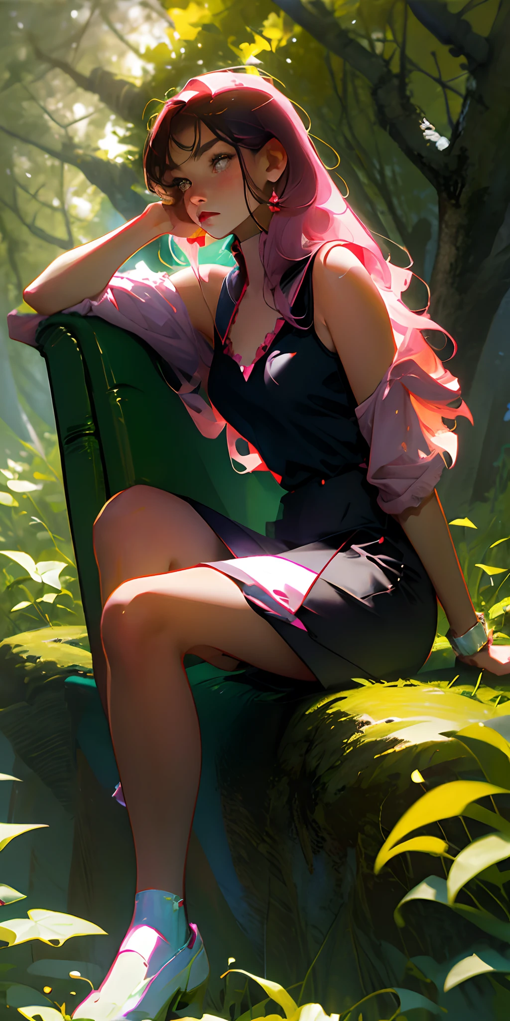 Seated maiden,Pink camisole vest,at a forest
