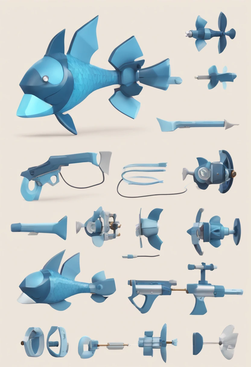 low poly 3d model, symetric, symetry, industrial design, weapon, tech, panel, sword fish gun, cables, in blue palette colours, 3d, Alex Hirsch, Polyfjord, pixar, blender, stylized, stylized weapon with sword fish shape, apple design, transparent background, weapon design