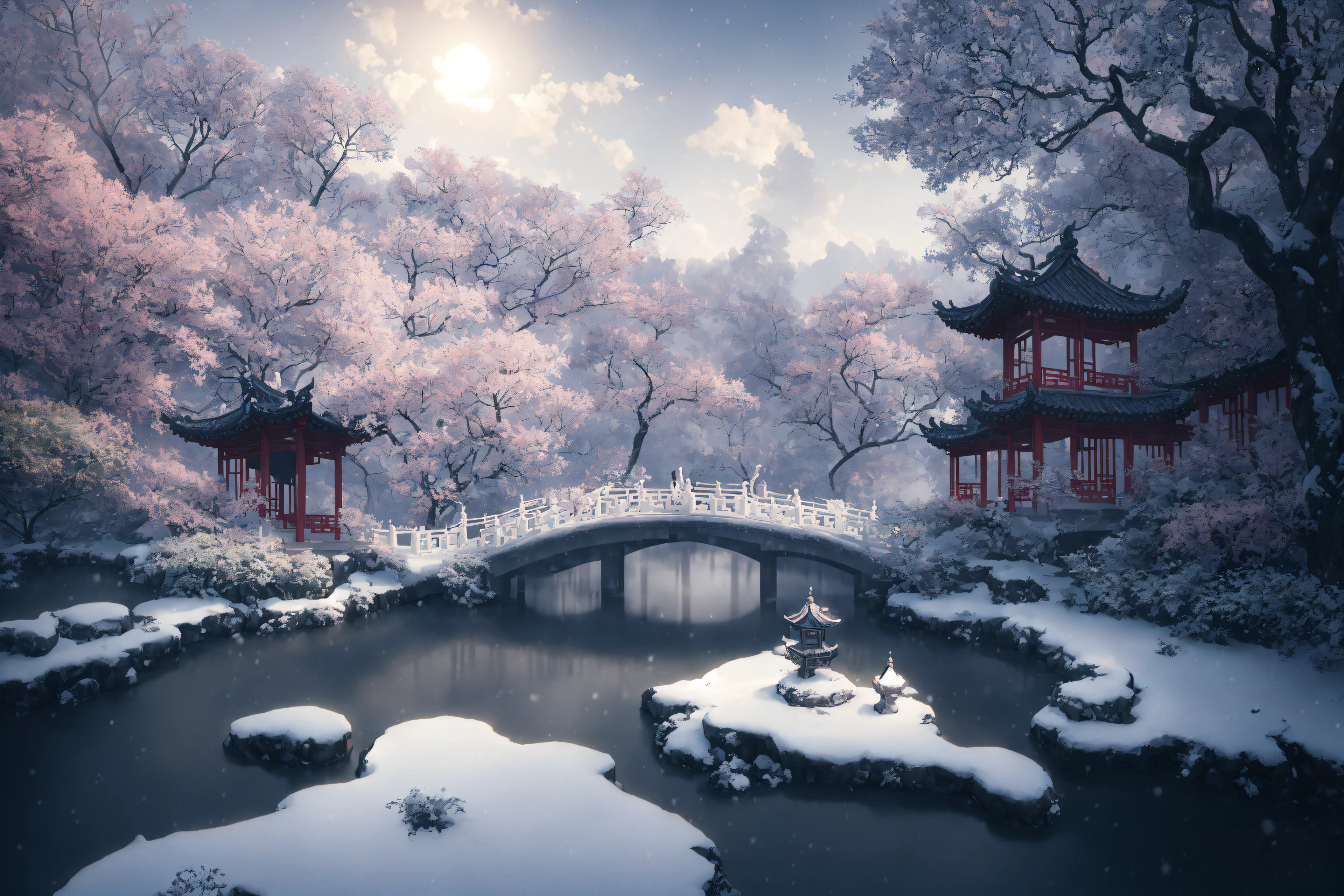 masterpiece, best quality, high quality, extremely detailed CG unity 8k wallpaper, classical chinese garden, scenery, amsterdam, winter,((snowing)),outdoors, sky, day, landscape, water, tree, blue sky, waterfall, nature, lake, river, cloudy sky,award winning photography, Bokeh, Depth of Field, HDR, bloom, Chromatic Aberration ,Photorealistic,extremely detailed, trending on artstation, trending on CGsociety, Intricate, High Detail, dramatic, art by midjourney