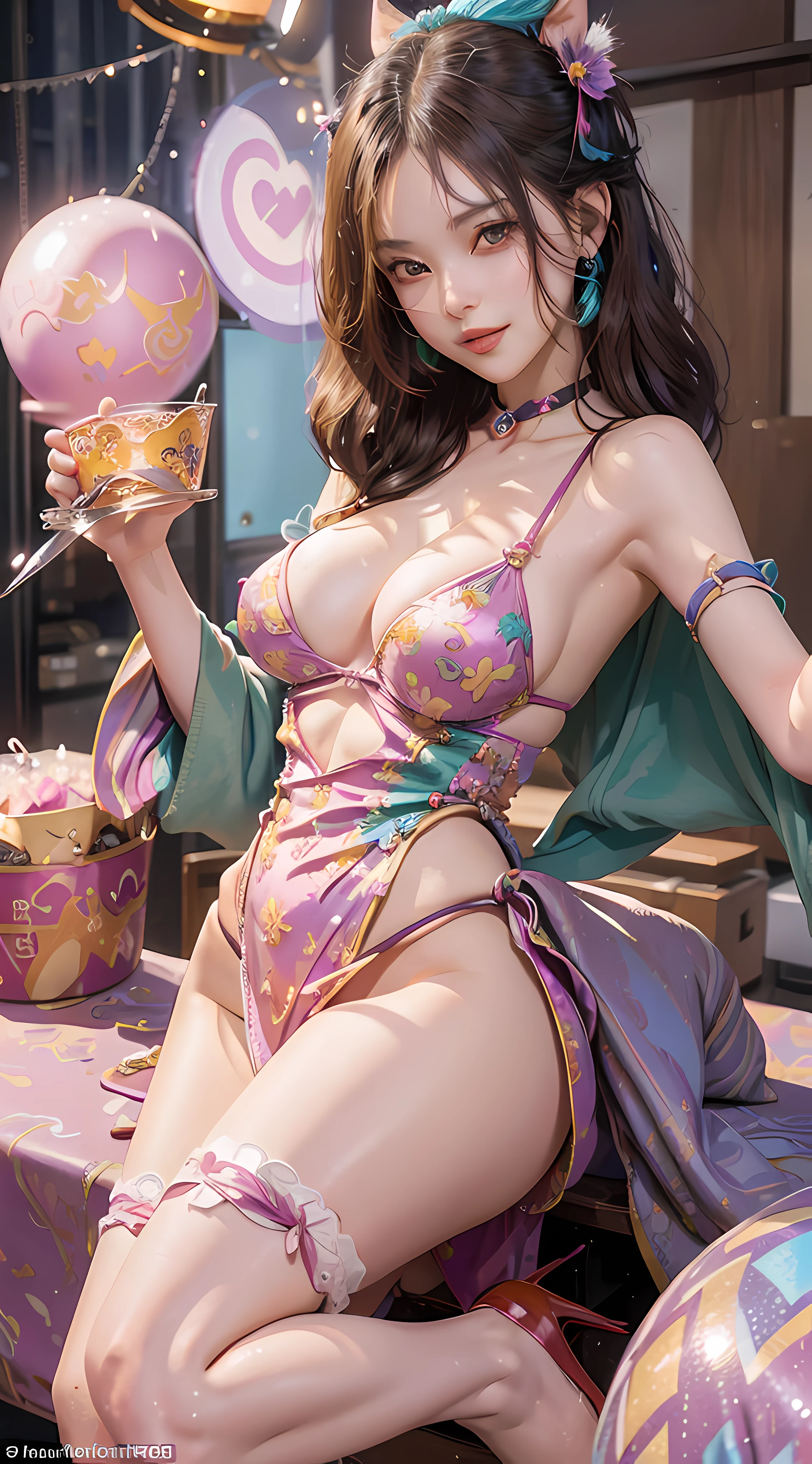 In a vibrant anime style, portray a mischievous character whose playful nature radiates from their expressive eyes and mischievous smile. Show this character with tousled hair and a sly grin, wearing a playful and revealing outfit that hints at their naughty personality. Use dynamic angles and exaggerated gestures to capture the energy and playfulness of this character, while incorporating bold and eye-catching colors to enhance the overall impact. Transport the viewer to a whimsical setting, perhaps a bustling marketplace or a lively carnival, where the character can indulge in their mischievous antics.