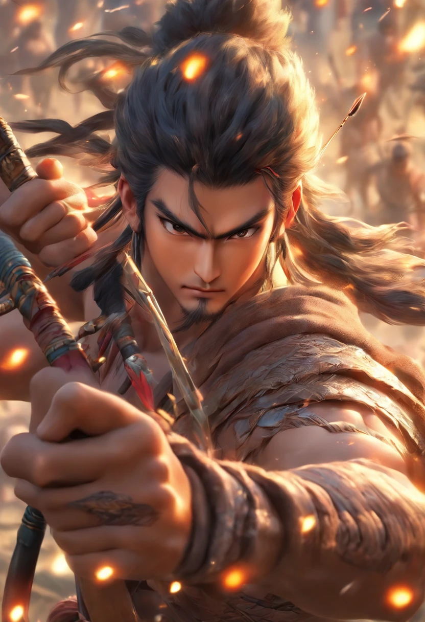 Ancient tribes,male people ,Youth,cabelos preto e longos,Oriental face,Huang Xiaoming,Armed with a bow and arrow, Completely realistic,Full high resolution, Well made,detail-rich.