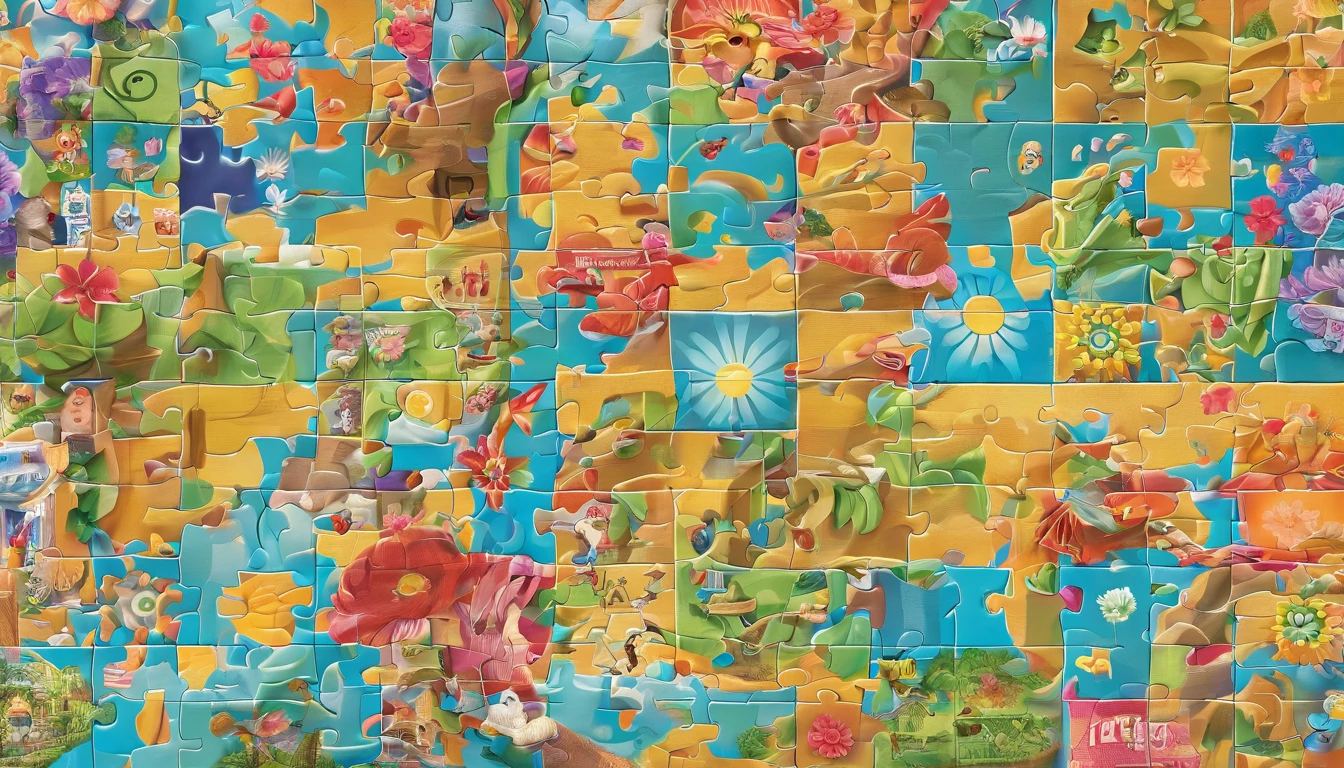Transformation Puzzle (4K):Represent a puzzle being assembled in 4K resolution, with pieces in the form of smiles.Each piece should be unique and fit perfectly, with sharp details and bright colors.Use subtle shadows to give depth and add a soft glow to the image, emphasizing the idea that happiness is built piece by piece.