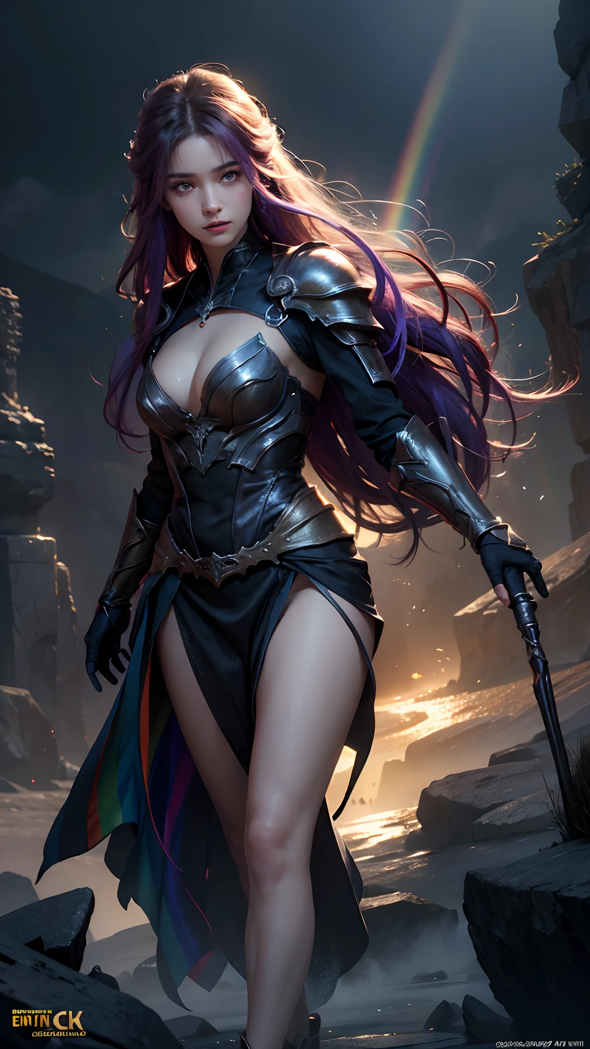 4k, fantasy art, photo realistic, dynamic lighting, artstation, poster, volumetric lighting, very detailed faces, award winning, 1girl, deep shadow, beautiful shot, rainbow dress, long hair, rainbow hair, beautiful background, whole body capture, attractive pose,