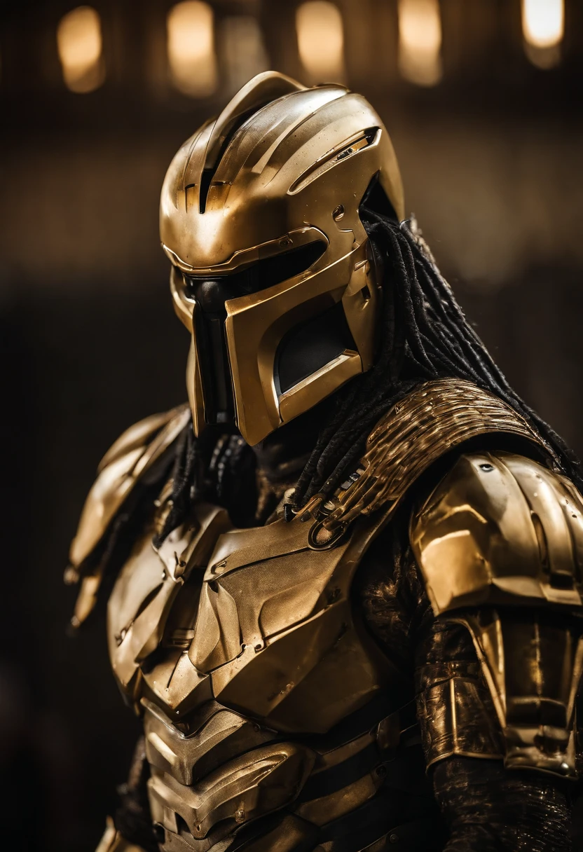 Predator，Whole body diagram，Golden armor，Authentic background