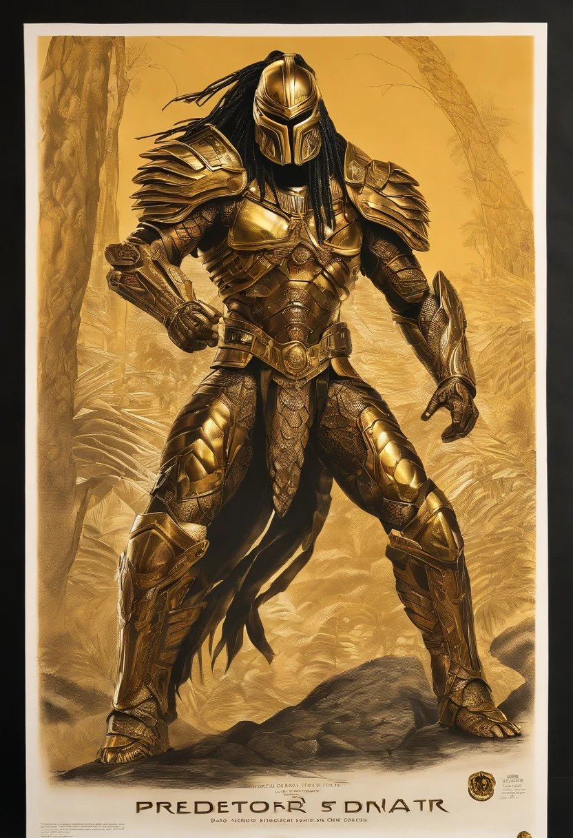Predator,Whole body diagram,Golden armor,Authentic background