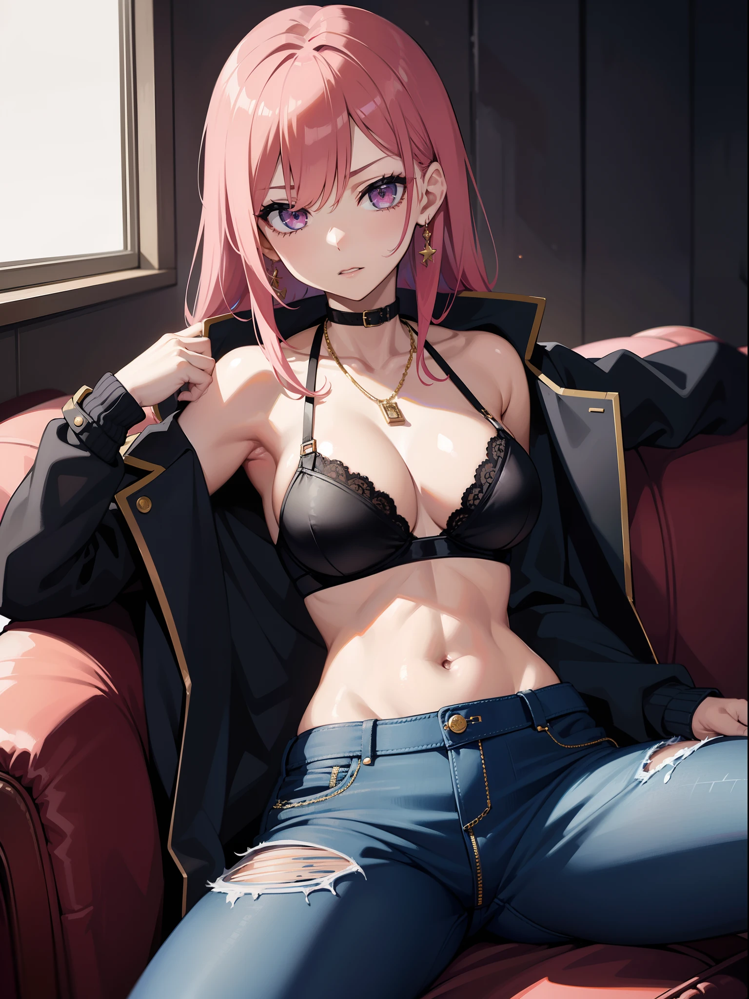 artistic, 1girl,badass, (cap), jacket,open jacket, no shirt, no, bra, exposed abdomen, defined abdomen, sexy, sensual, agressive, perfect face, expressive eyes, superior, style, stylish, stylish cothes, cool, dynamic, ring, jewel, neck chain, gold, sitting, high angle, couch, cray, madness, colorful, ink, jeans pant,naughty,mischevious, pink hair,expressive