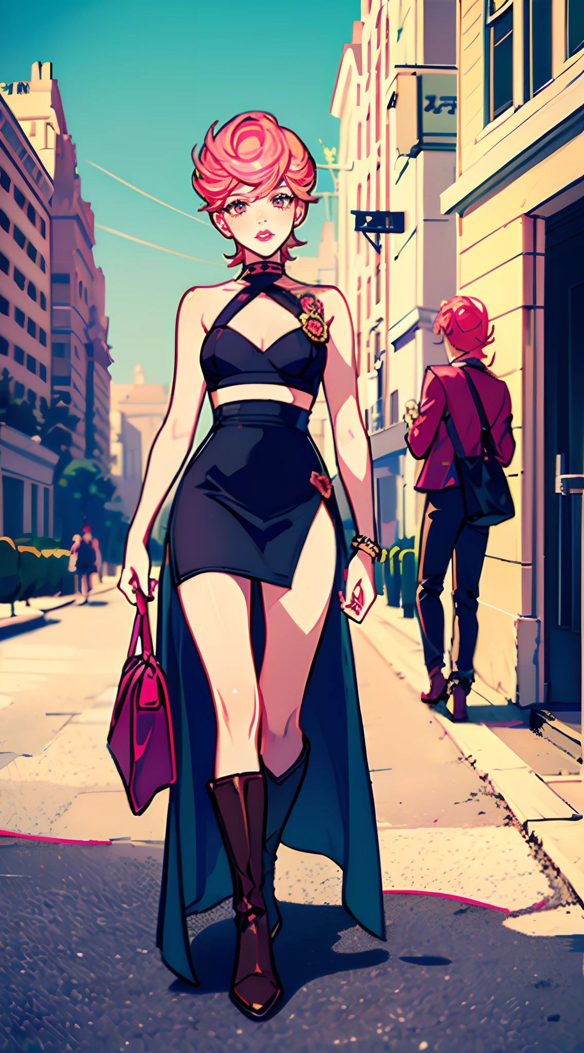 trish una, trishuna, trishjojo, lipstick, full lips, medium breasts, busy street, park, walking, skirt, black top, brown boots, cell phone, phone in hand,