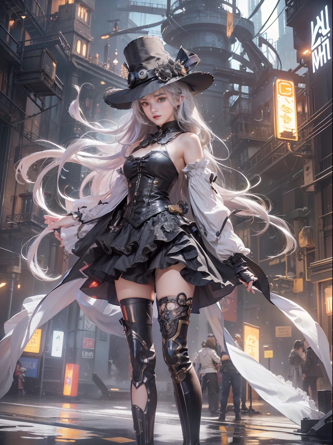 (Super best quality)), (Very masterpiece)), (Super detail:1.4), Super photorealistic 3D, Android Mage Girl, Mechanical body, Dynamic action poses in battle scenes, Mechanical weapons of very complex and heavy fighters, Off-the-shoulder fashion fused with detailed and intricate steampunk and detailed Gothic ta, Complex steampunk headgear, Very slender long legs, mechanical boots above the knee, fluttering lace flared mini skirt, upturned and beautiful small breasts, rather long vertical curly silver hair driven by the wind, countless shining large spheres flying around, many sparks crossing and splashing, countless neon lights raining down from magic-invoking poses, very dark steampunk factory background, very dramatic and cinematic lighting.