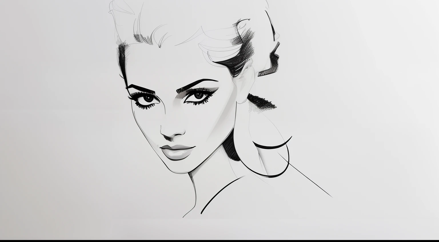 David downton fashion illustration, mustafa soydan drawing, line art sketch on a white background, beautiful woman face portrait, slim figure, elegant dress