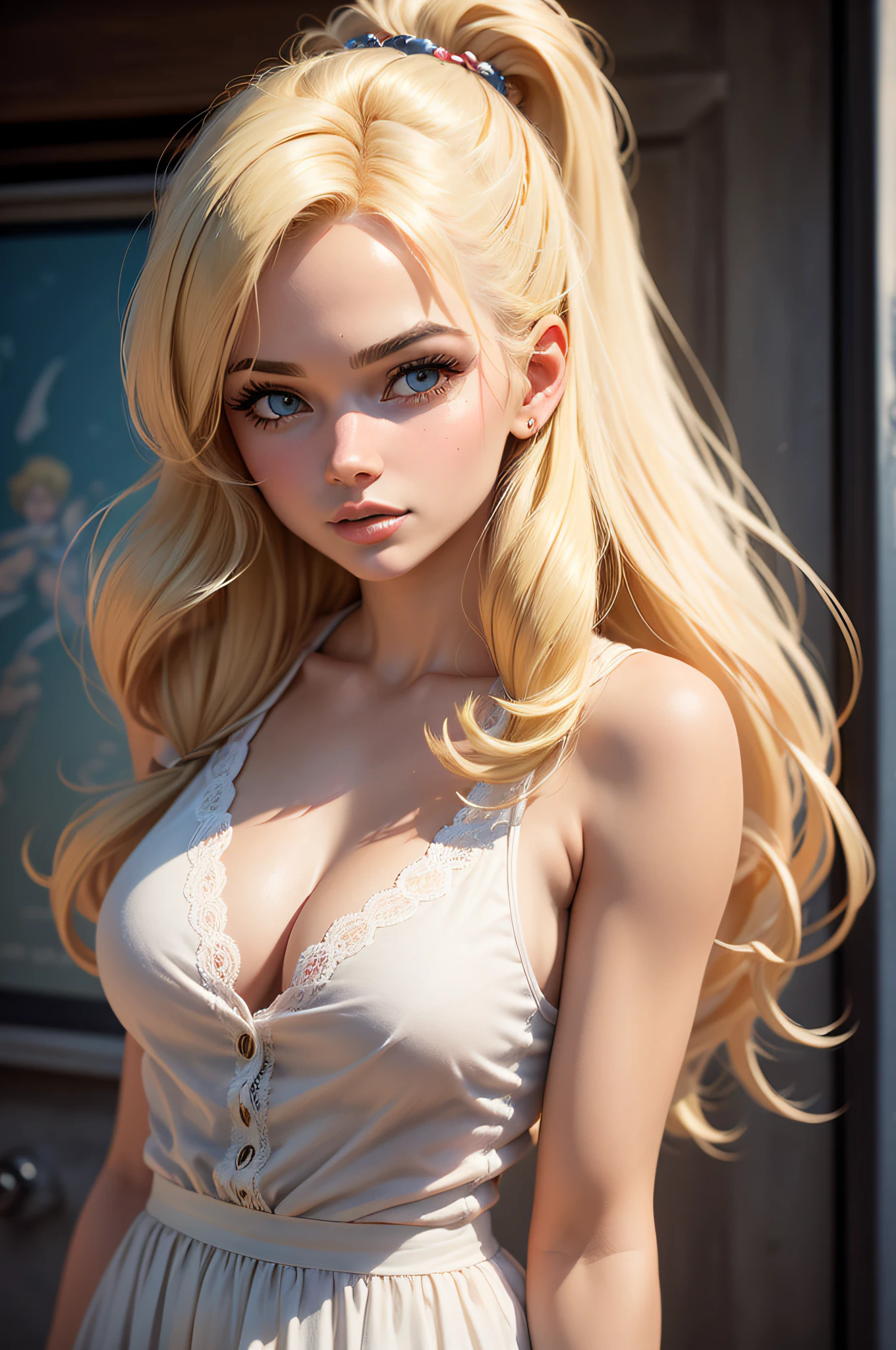 (close shot) of a pretty young blonde woman style of Ralph Bakshi