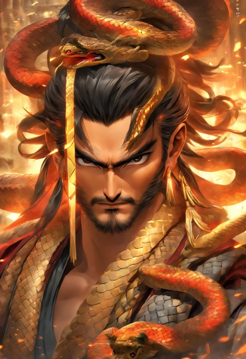 Ancient tribes,male people ,Middle age,cabelos preto e longos,Oriental face,Huang Xiaoming,Human snake tail, Completely realistic,Full high resolution, Well made,detail-rich.