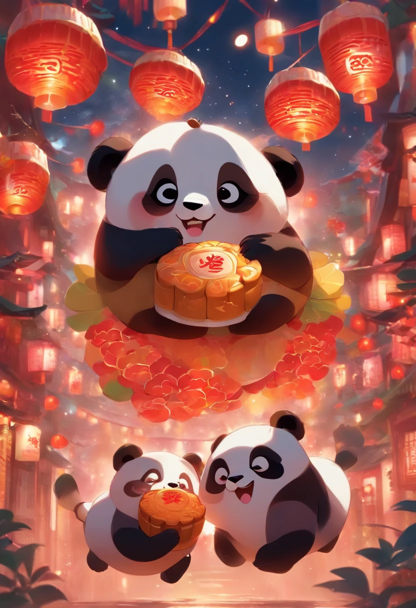 Two cute pandas holding mooncakes, children’s illustration style, 2D, bright colors, simple shapes, cartoonish expressions, festive atmosphere, mid-shot, white background