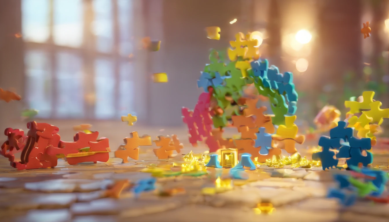 Transformation Puzzle (4K):Represent a puzzle being assembled in 4K resolution, with pieces in the form of smiles.Each piece should be unique and fit perfectly, with sharp details and bright colors.Use subtle shadows to give depth and add a soft glow to the image, emphasizing the idea that happiness is built piece by piece.