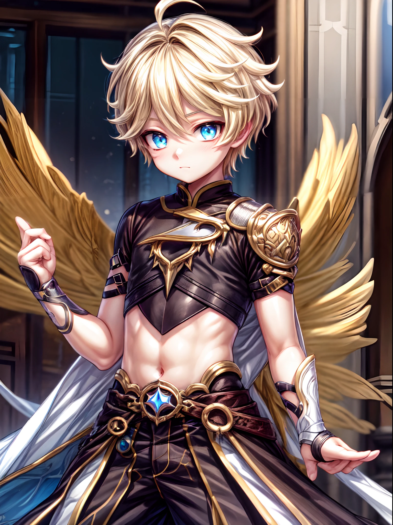 masterpiece,best quality,1male, short hair,gold Saint, gold and black theme, short hair, bara,Golden wings,Gold rings in the background,depth of field