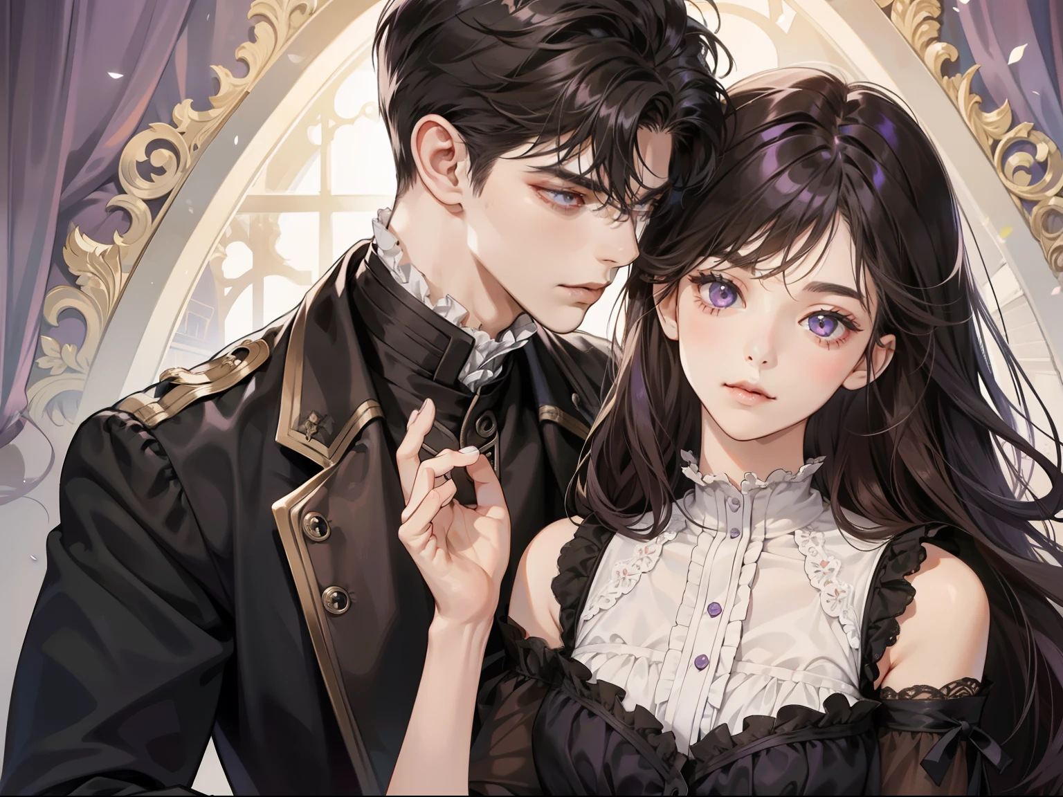 Couple, 1 girl 1 boy, different hair color, girl with long black bang hair and purple eyes, boy with short brown hair and grey eyes, romance, Victorian era