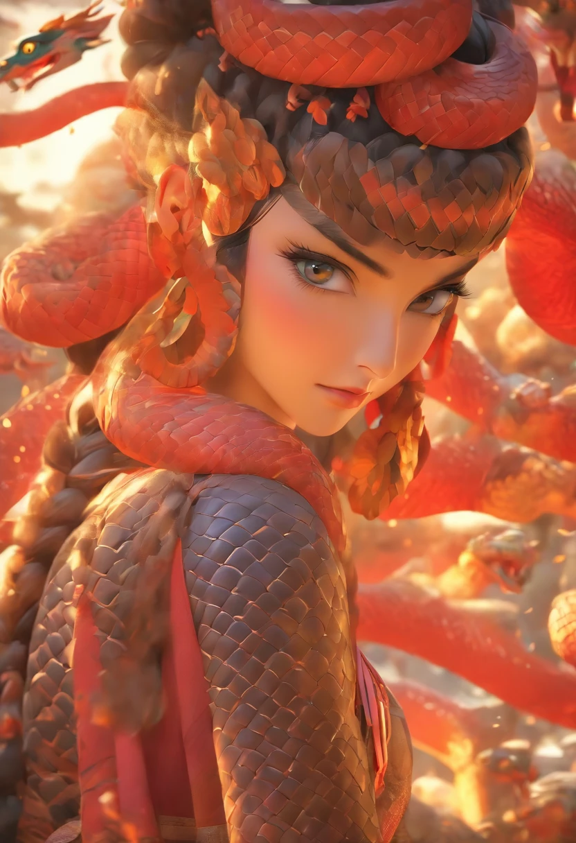 Ancient tribes，femele ，Middle Age，cabelos preto e longos，Oriental face，fanbingbing，Human snake tail， Completely realistic,Full high resolution, Well made，detail-rich.中景 the scene is