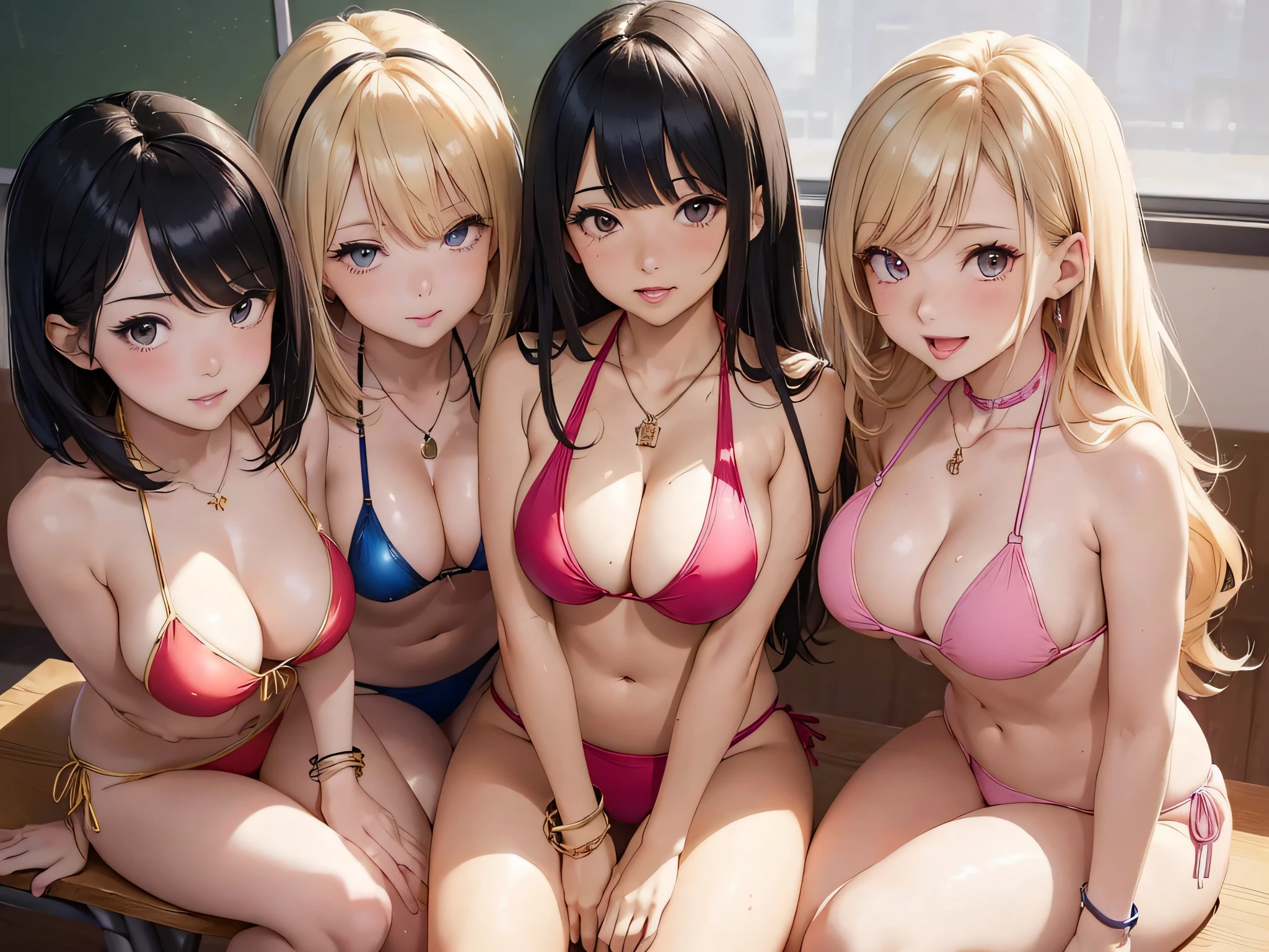 (3girls sitting, harajuku, kawaii, gyaru, fusion of medium breasts and large breasts, school classroom, :1.4),(high detailed eyes, eye lashes, mascara, evil smile, :D, shiny skin, fullbody:1.2), (bracelet, jewelry, necklace, various color hair:1.3), {short black bob hair|bung hair|low twin tail hair}, {flat chest|medium breasts|large breasts:1.4|huge breasts}, hair scrunchie, hair ornament, shiny clothes, (perfect lighting, side lighting, light leak), dynamic angle, (various color slippery smooth slick gleaming shining glistening very soft seamless texture {red|blue|golden|pink} {loose bikini|tube-top bikini|triangle bikini|halter bikini}, close-up face:1.3), (best quality), (masterpiece), detailed, (illustration), an extremely delicate and beautiful, girls sandwich, presented cleavage nearby from lower below, ((3 girls close to the center nearby)), ((reach out to the viewer:1.2)), japanese girl, extremely detailed beautiful clavicle skin, too sweat body, presented cleavage for viewer, very kindly, ((((invite standing back sex for viewer from below)))),