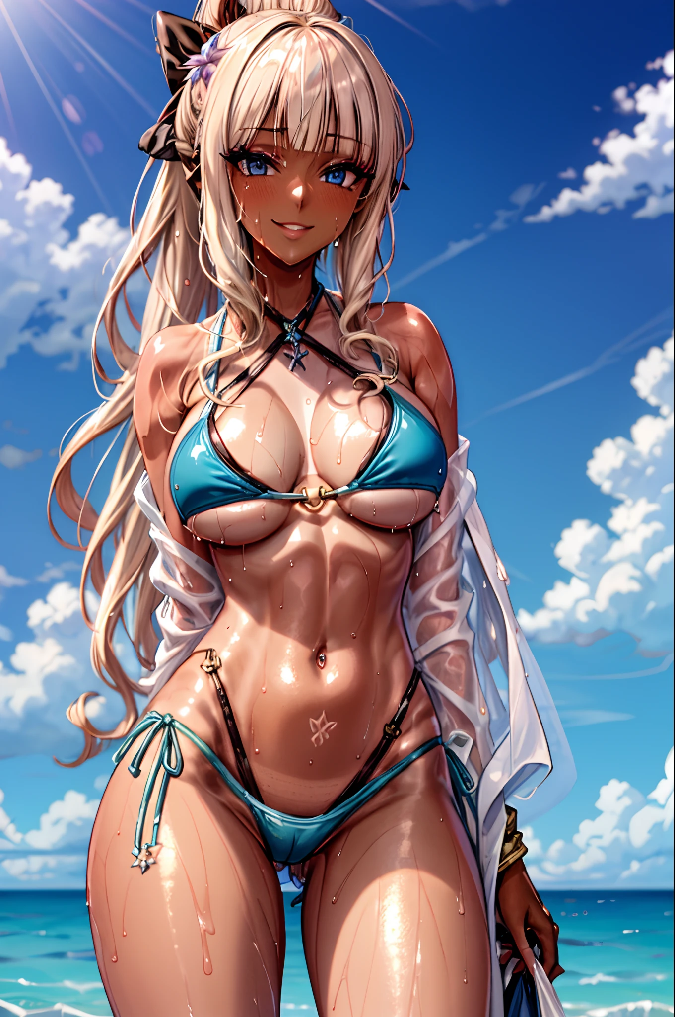 (masterpiece, best quality:1.2), cowboy shot, solo, 1girl, (whore outfit), pcsaren, makeup, hair bow, hair ornament, blonde hair, blue eyes, aqua bikini, bare shoulders, bikini, ponytail, swimsuit, flower, hair up, smile, wet hair, beach, arm behind back, wet, shiny glossy skin, tan, dark skin, dark-skinned female