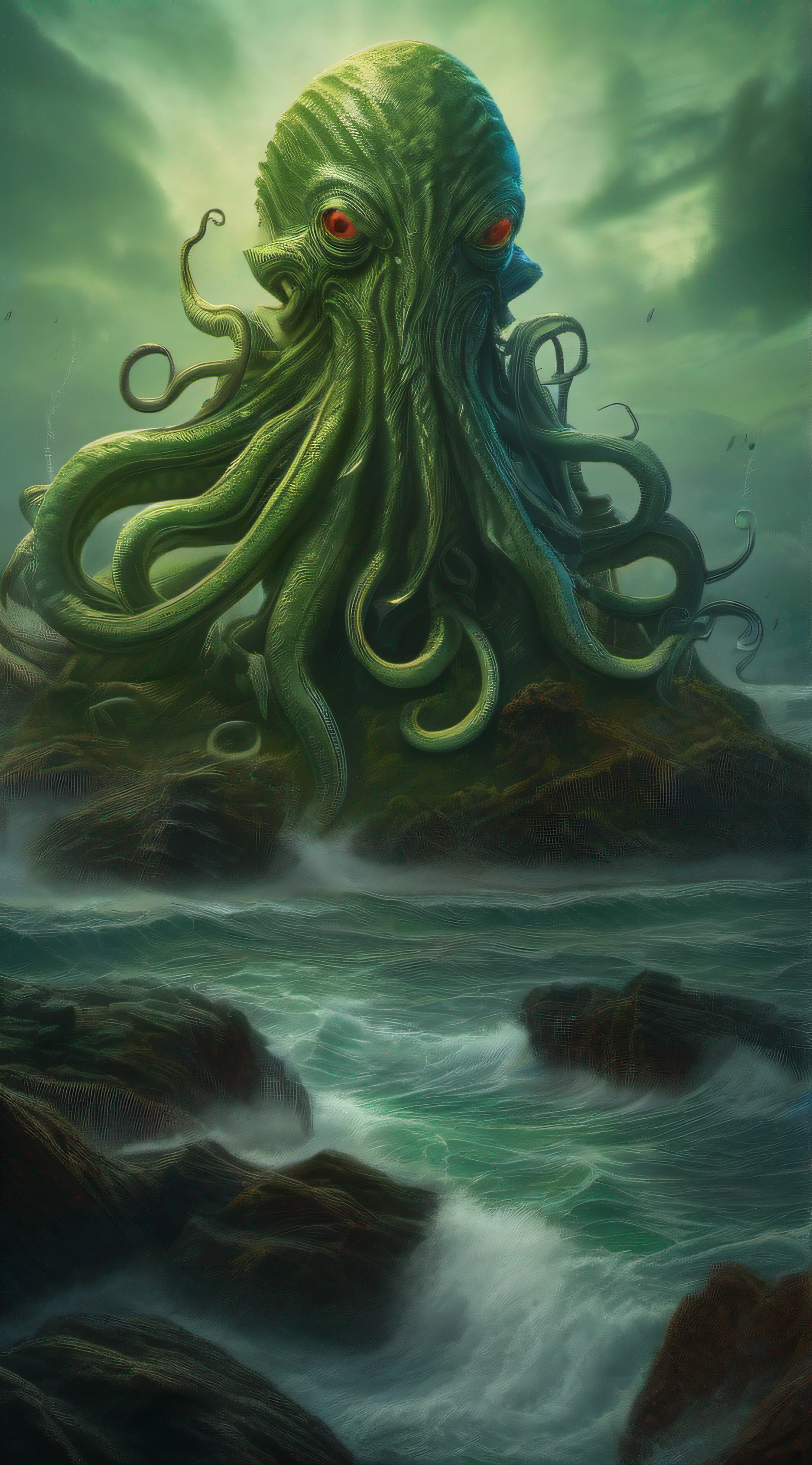 Cthulhu, The squid-headed alien god and the sprawling limbs of H . P. Lovecraft, venant envahir le monde humain, surrounded by a greenish mist coming from the stormy sea. Humans flee its presence. Overall view, ambiance froide dans les vert et bleue avec de la brume. Realistic Photography . capture dans le style photographique d'Alexandria Ramon, master piece, Photo brute, beste-Qualit, ultime illustration, Ultra-detailed, 16k, extremly detailed.