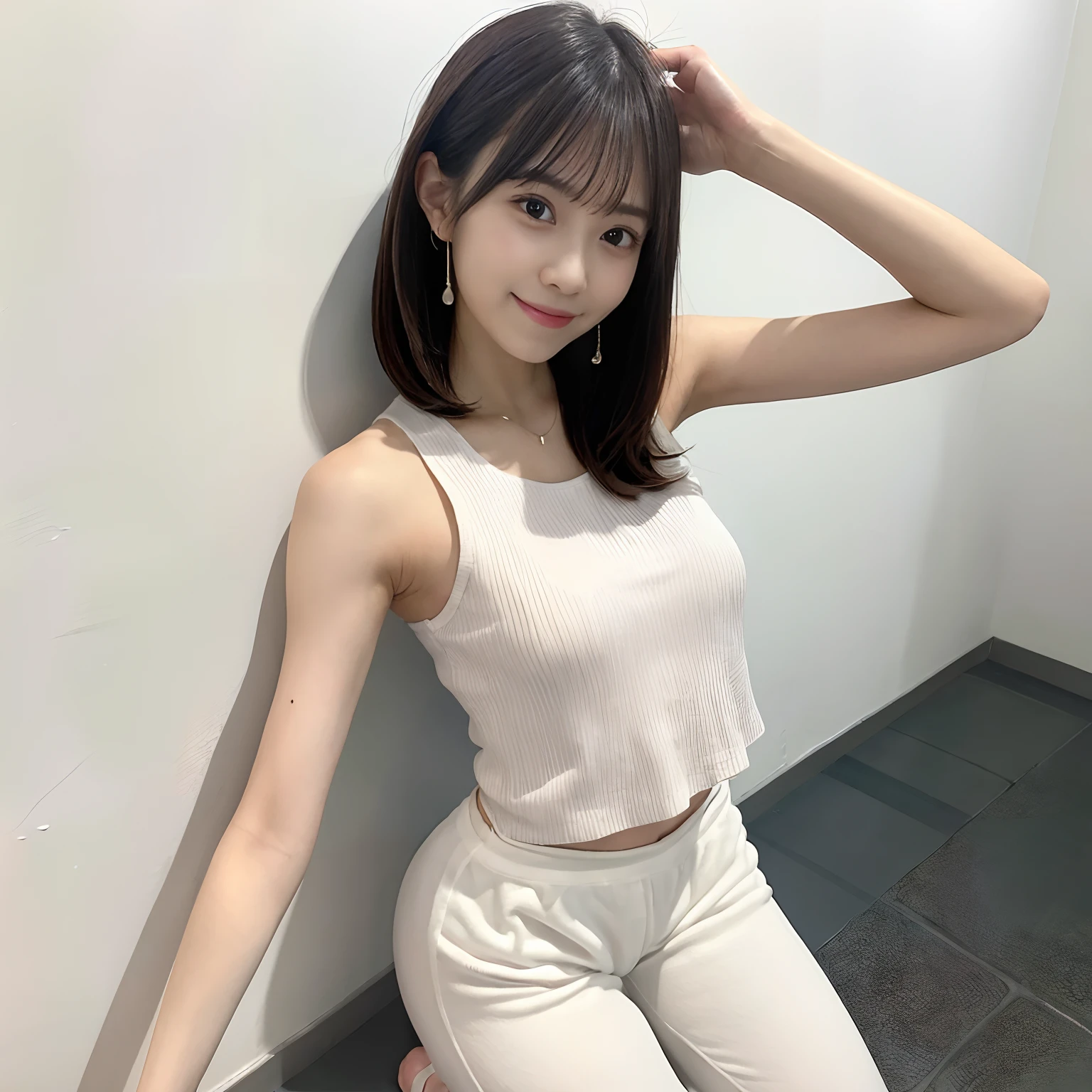 Woman in pastel tank top, Long clothes, a smile, Slender upper arms, Perfect Style, Very bright room, Light shines, Best Quality,Diagonal orientation, Touching hair, Sit up, Sit near the wall, Raise your arms slightly, Touching the head, Front position, Pure white walls, White pants, huge smile, FULL BODYSHOT