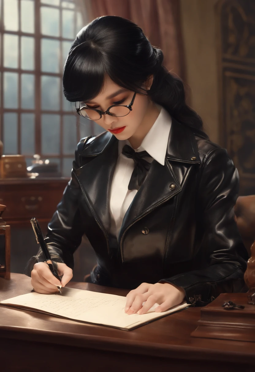 Wearing black leather gloves on both hands, Upper body, Black leather riders jacket, Writing a letter with a fountain pen on the desk, Black hair, Long Straight, Young japanese lady