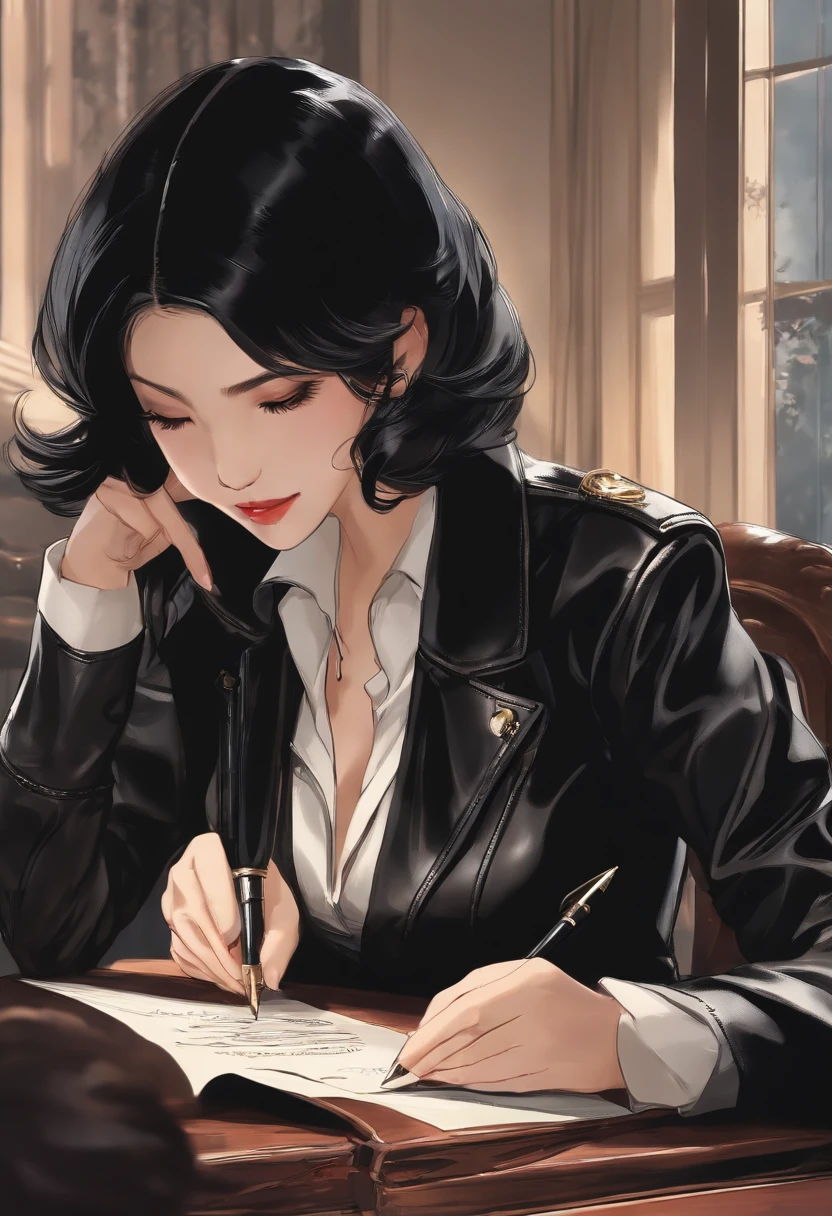 A sultry, dimly-lit boardroom sets the stage for a tantalizing power play. The CEO's curves are accentuated by a tight, red dress as she leans across the table, her eyes burning with calculated seduction. Her full lips brush against the investigator's ear, her hot breath whispering sweet nothings. The air is thick with tension as she uses her considerable charms to manipulate him, her ripe body a potent reminder of the vices she'll exploit to get what she wants.
