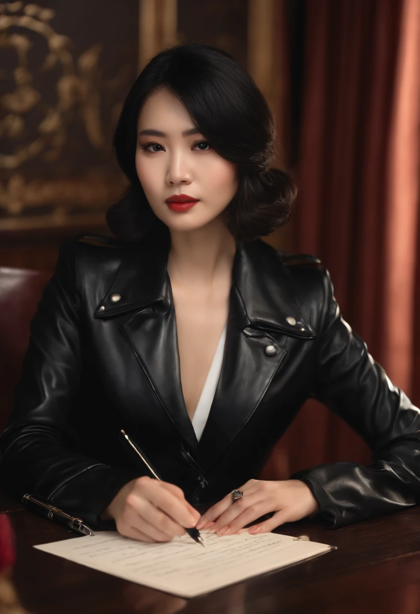 Wearing black leather gloves on both hands, Upper body, Black leather riders jacket, Writing a letter with a fountain pen on the desk, Black hair, Long Straight, Young japanese lady