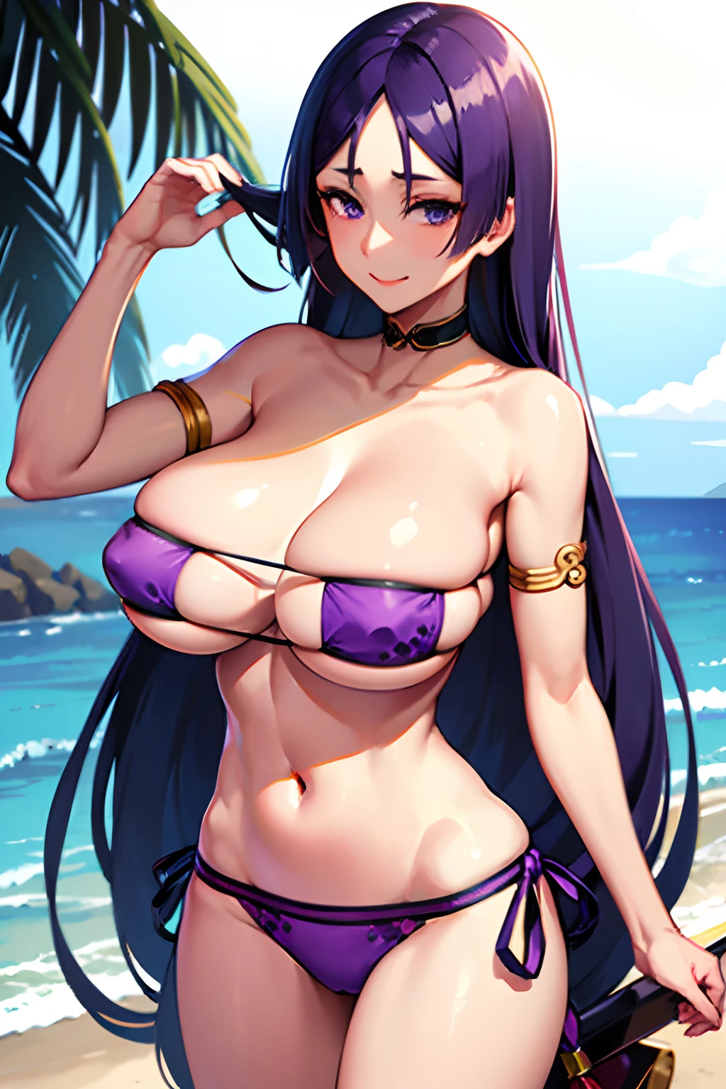 masterpiece, best quality,large breasts,, highres, hmmr1, minamoto no raikou (fate), eyepatch bikini, purple bikini, armlet, choker, collarbone, bare shoulders, ribbon, beach, standing, cowboy shot, smile