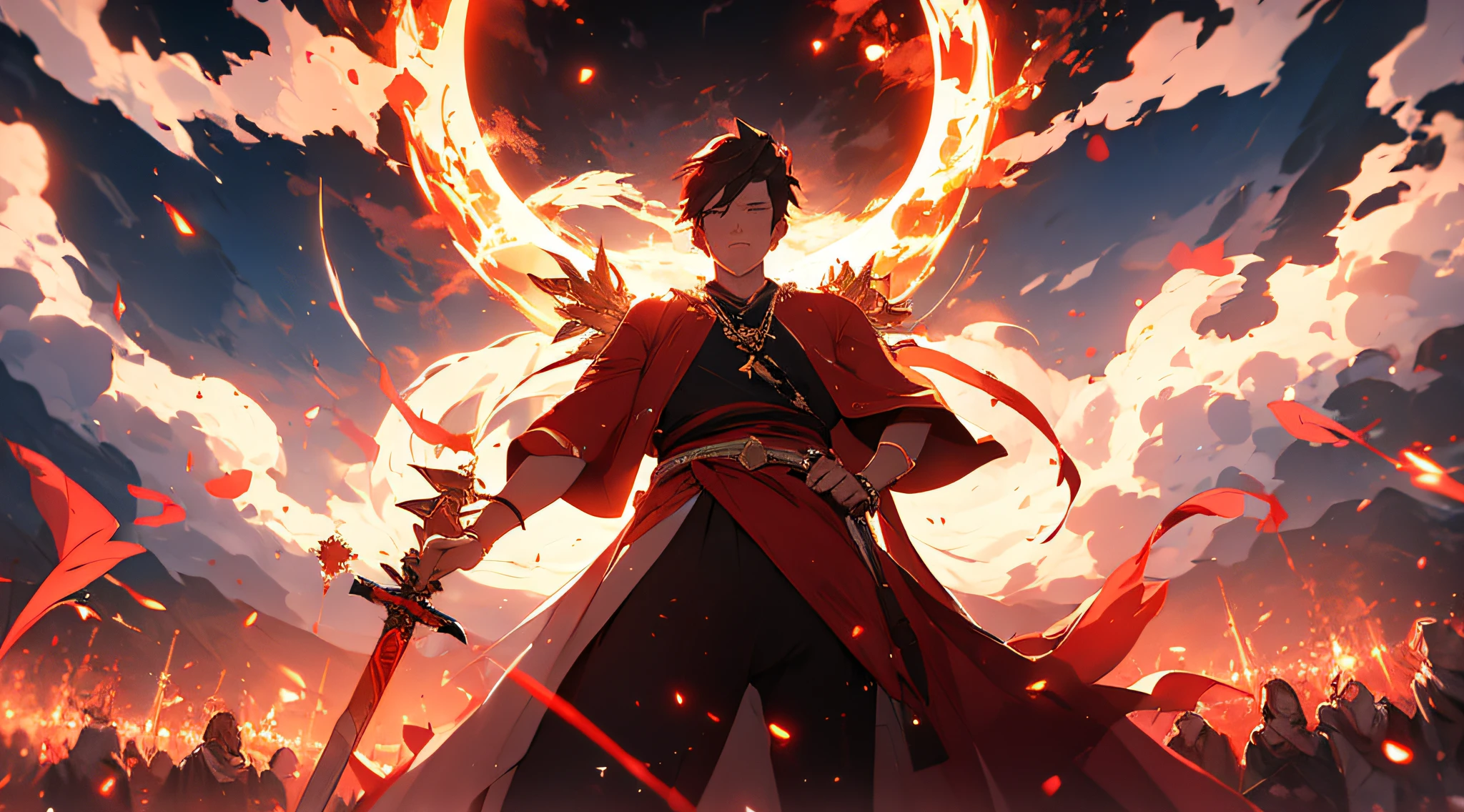 A man on stage，The background is a red cloud，Surrounded by fiery glowing sparks，The sword in the circle behind him，of a guy，fire around