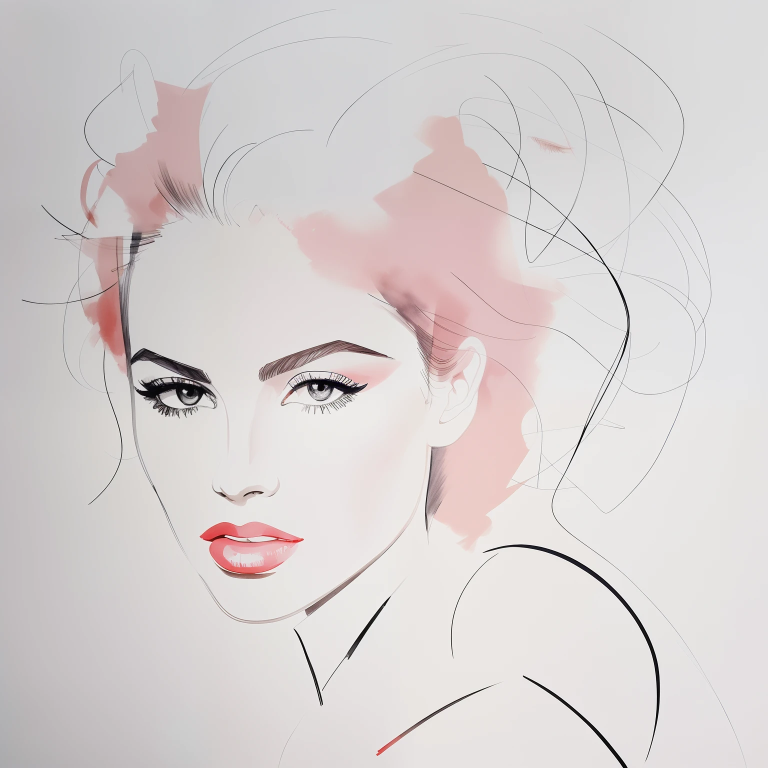 David downton fashion illustration, mustafa soydan drawing, line art sketch on a white background, beautiful woman face portrait, blue eyes, light pink lipstick, slim figure, elegant dress, airy, dream