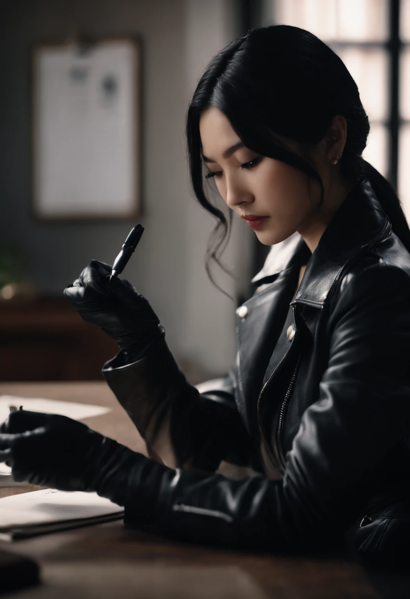 Wearing black leather gloves on both hands, Upper body, Black leather riders jacket, Writing a letter with a fountain pen on the desk, Black hair, Long Straight, Young japanese lady