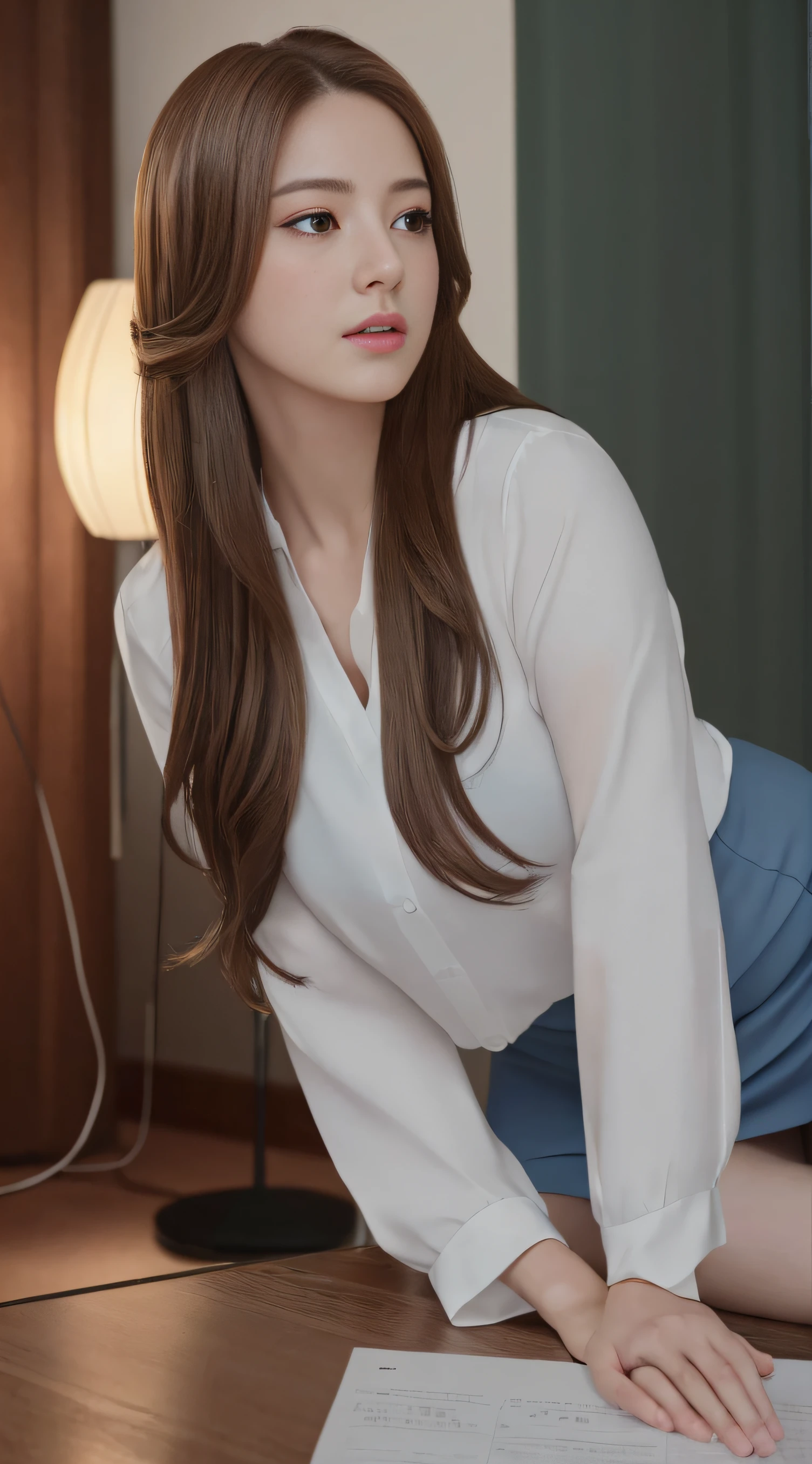 A woman in a white shirt and blue skirt sitting on the floor - SeaArt AI