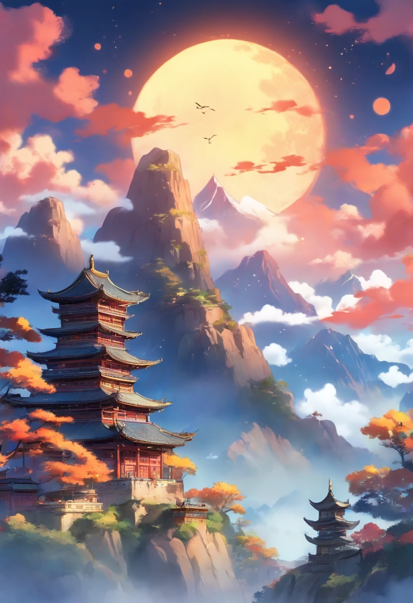 A vertical poster, a huge yellow moon in a dark blue sky, clouds in the sky, mountains in the distance, a village with ancient Chinese architecture in the midground, a Chinese-style pavilion in the foreground, watercolor painting, similar to the style of [The Legend of Korra], [The Tale of Princess Kaguya], and [Journey to the West], soft and warm lighting, contrast between light and shadow, vibrant and rich colors, wide-angle shot, perspective and depth